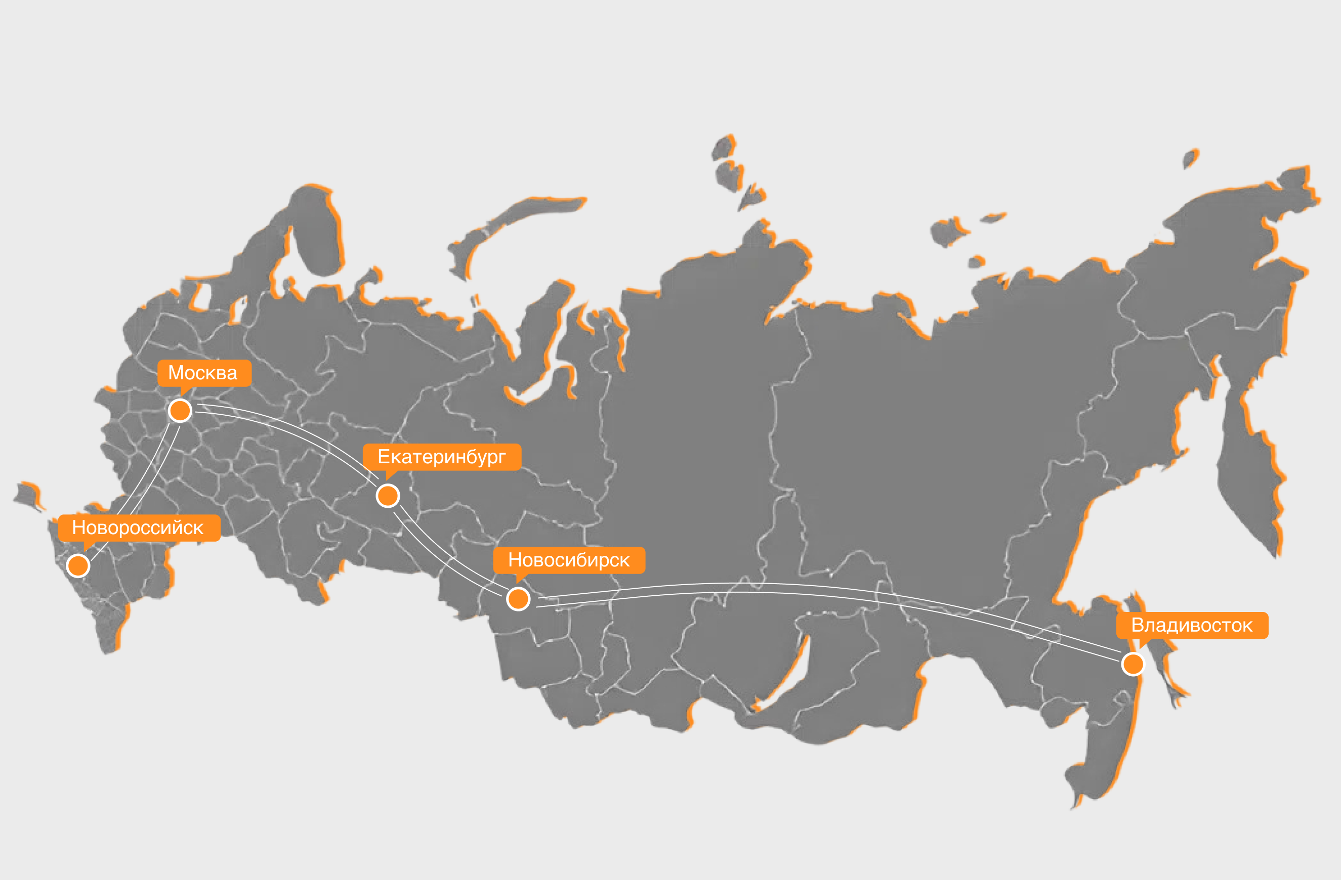 Карта России с филиалами LOGINOF: Москва, Новороссийск, Екатеринбург, Новосибирск, Владивосток